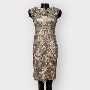Adrianna Papell Formal Lace Sheath Dress Womens sz 2 Floral Sequin Golden Gown